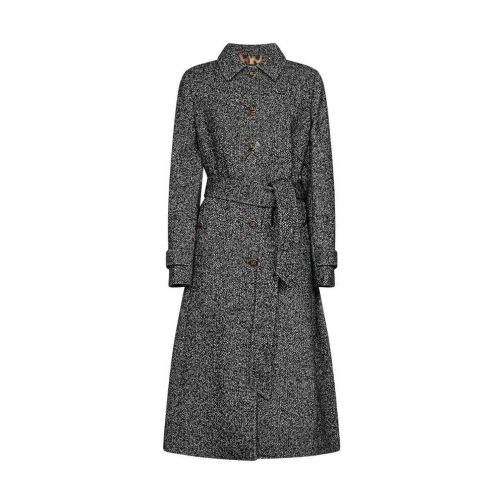 Dolce & Gabbana Women Black And White Chevron Wool-Blend Belted Coat